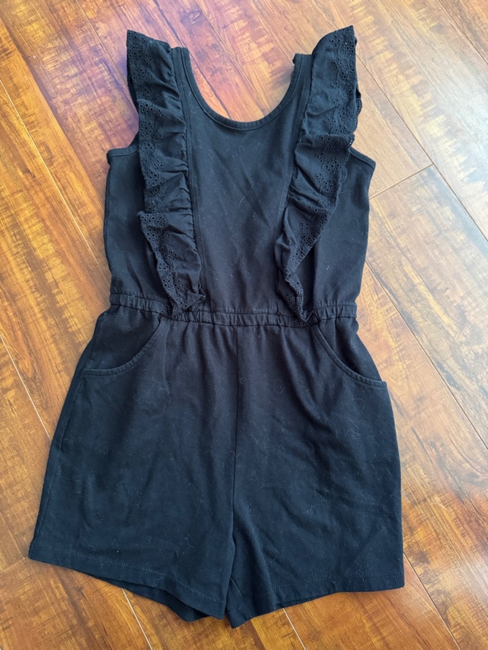 btween Black Eyelet Ruffle Strap Romper with Pockets